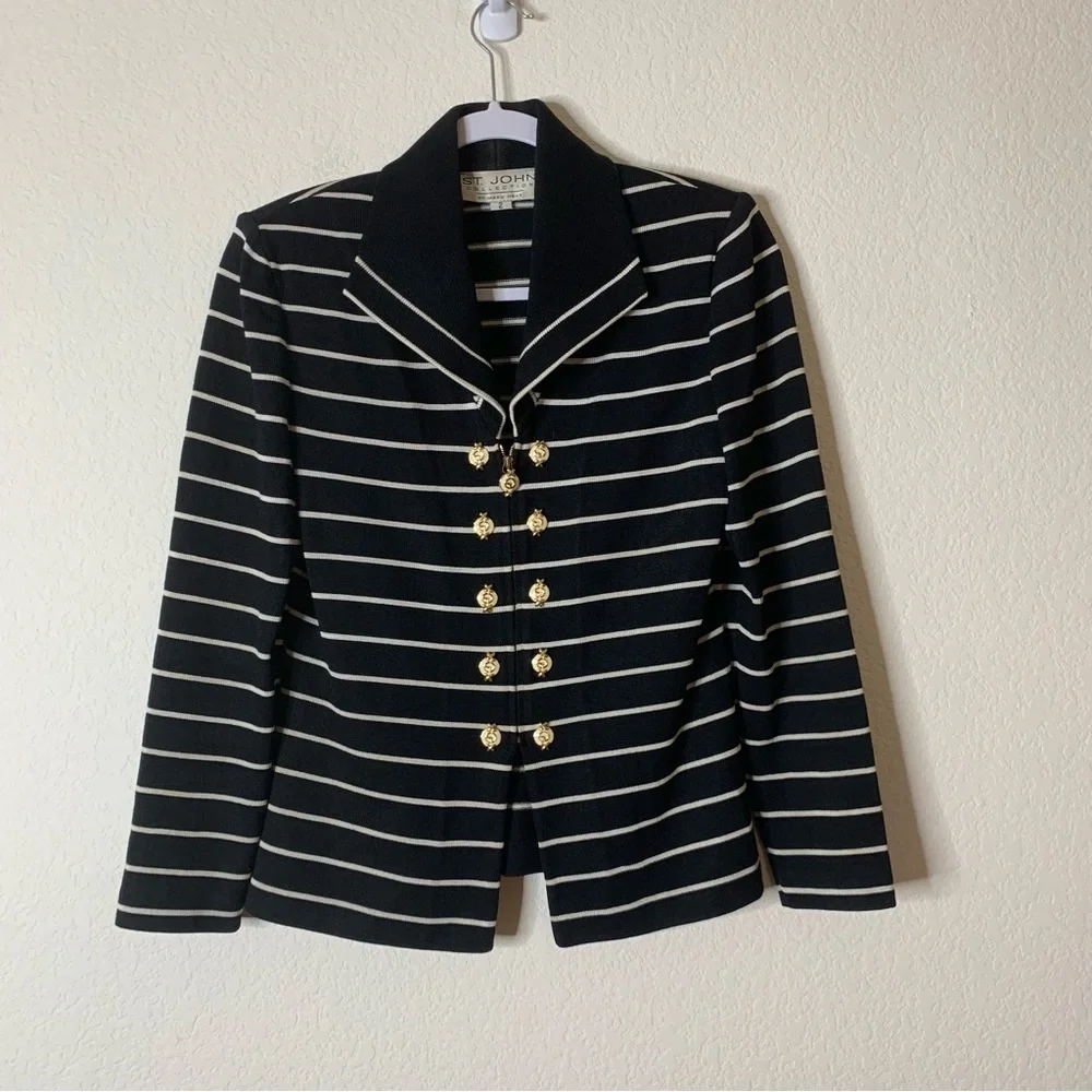 ST.John Womens Black White Stripe Zip up Nautical Button Blazer 2